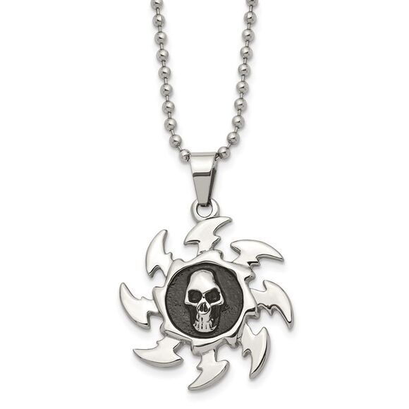 Stainless Steel Antiqued Saw Blade and Skull Necklace 24 Inch